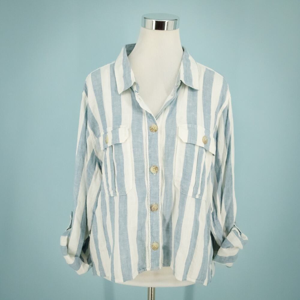 American Eagle Size XL Blue White Linen Blend Stripe Button Down Crop Top Blouse
